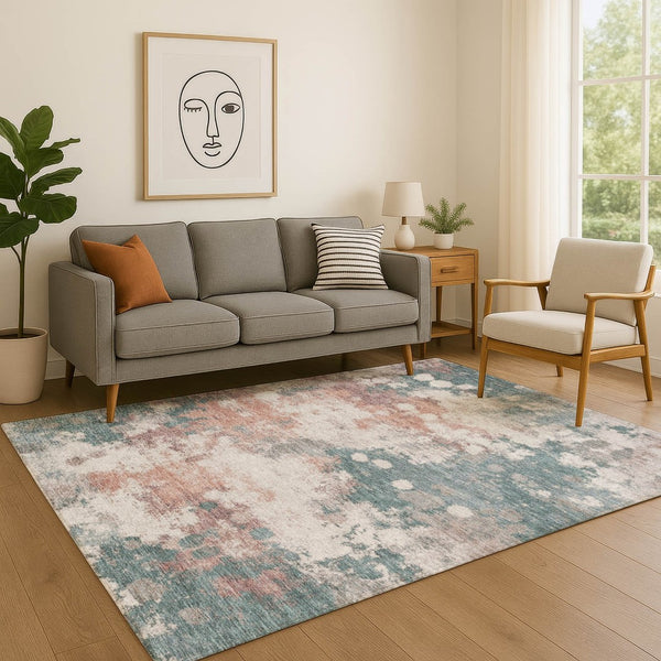 HomeRoots 9' X 12' Coral and Teal Abstract Area Rug - Washable, UV Protected, Non-Slip, Perfect for Any Room 718357