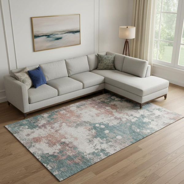 HomeRoots 9' X 12' Coral and Teal Abstract Area Rug - Washable, UV Protected, Non-Slip, Perfect for Any Room 718357