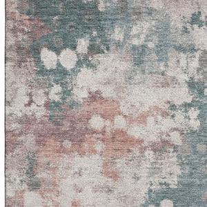 HomeRoots 10' X 14' Coral and Teal Abstract Area Rug – Washable, UV Protected, Non-Slip for Homes with Kids & Pets 718358