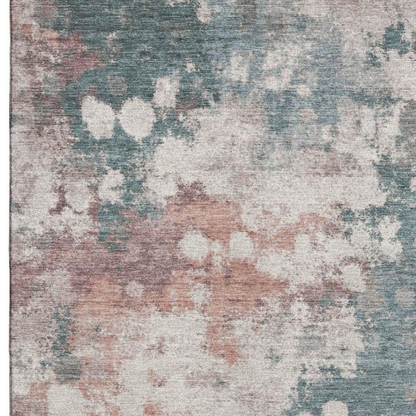 HomeRoots 10' X 14' Coral and Teal Abstract Area Rug – Washable, UV Protected, Non-Slip for Homes with Kids & Pets 718358