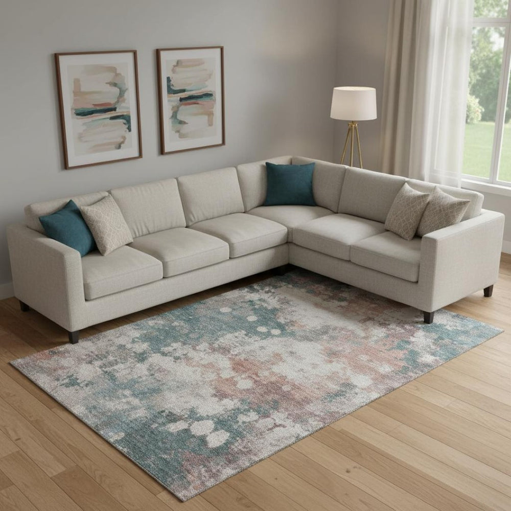 HomeRoots 10' X 14' Coral and Teal Abstract Area Rug – Washable, UV Protected, Non-Slip for Homes with Kids & Pets 718358