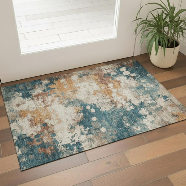 HomeRoots 5' X 8' Teal and Copper Abstract Area Rug - Stylish, Washable, UV Protected, Stain Resistant Design 718360