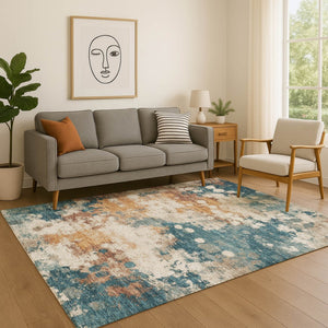 HomeRoots 8' Teal And Copper Abstract Round Rug – Washable, UV Protected, Stylish for Any Family Space! 718361