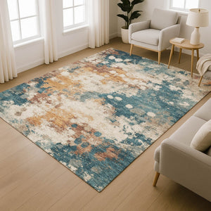 HomeRoots 8' Teal And Copper Abstract Round Rug – Washable, UV Protected, Stylish for Any Family Space! 718361