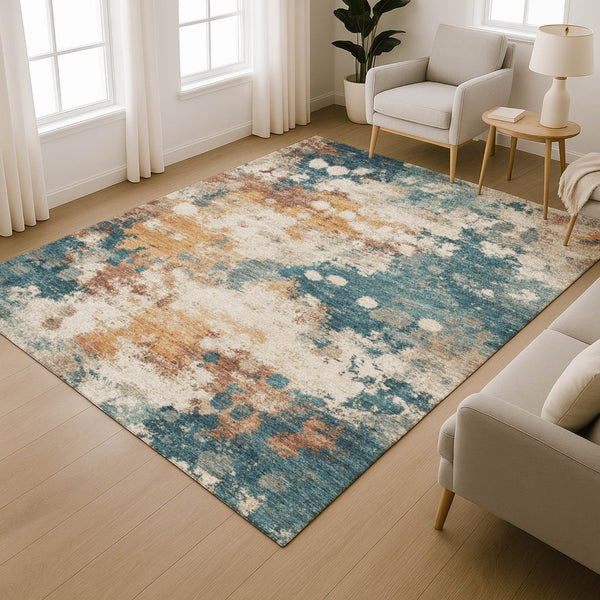 HomeRoots 8' Teal And Copper Abstract Round Rug – Washable, UV Protected, Stylish for Any Family Space! 718361