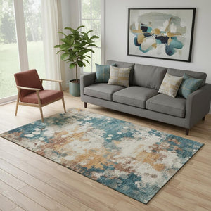 HomeRoots 8' Teal And Copper Abstract Round Rug – Washable, UV Protected, Stylish for Any Family Space! 718361