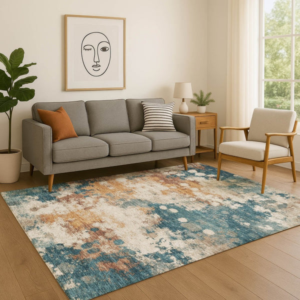 HomeRoots 9' X 12' Teal & Copper Abstract Area Rug - Washable, UV Protected, Durable Design for Homes with Kids & Pets 718363