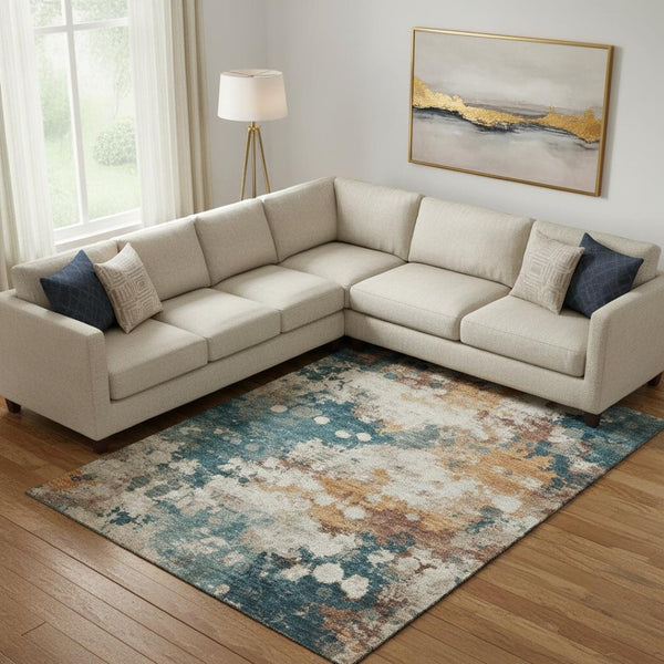 HomeRoots 10' X 14' Teal and Copper Abstract Washable Area Rug with UV Protection for Modern Living Spaces 718364