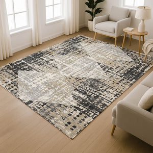 HomeRoots 5' X 8' Stylish Black and Gray Geometric Area Rug - Washable, UV Protected, Kid & Pet Friendly! 718372