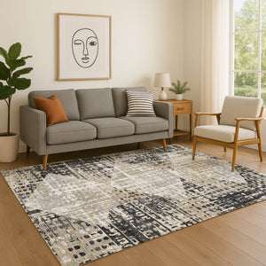 HomeRoots 8' Stylish Black and Gray Geometric Washable Round Rug with UV Protection for Active Homes 718373