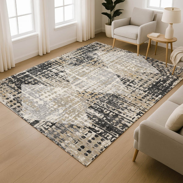 HomeRoots 9' X 12' Modern Black & Gray Geometric Washable Area Rug with UV Protection, Stain Resistant Design 718375