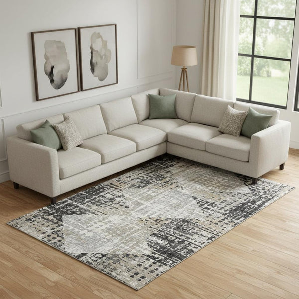 HomeRoots 9' X 12' Modern Black & Gray Geometric Washable Area Rug with UV Protection, Stain Resistant Design 718375
