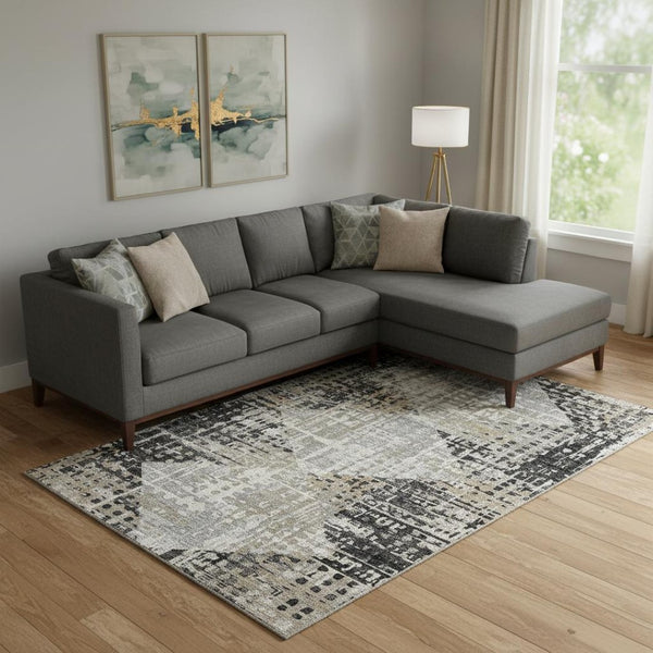 HomeRoots 10' X 14' Stylish Black and Gray Geometric Area Rug - Washable, UV Resistant, Family-Friendly Design 718376