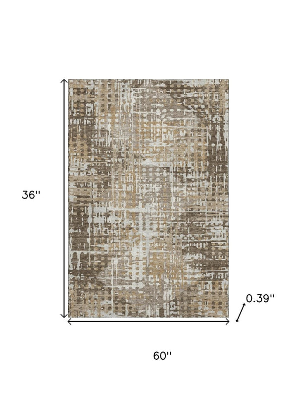 HomeRoots 5' X 8' Geometric Washable Area Rug in Brown and Beige - Stain Resistant, UV Protected, Non-Slip! 718378