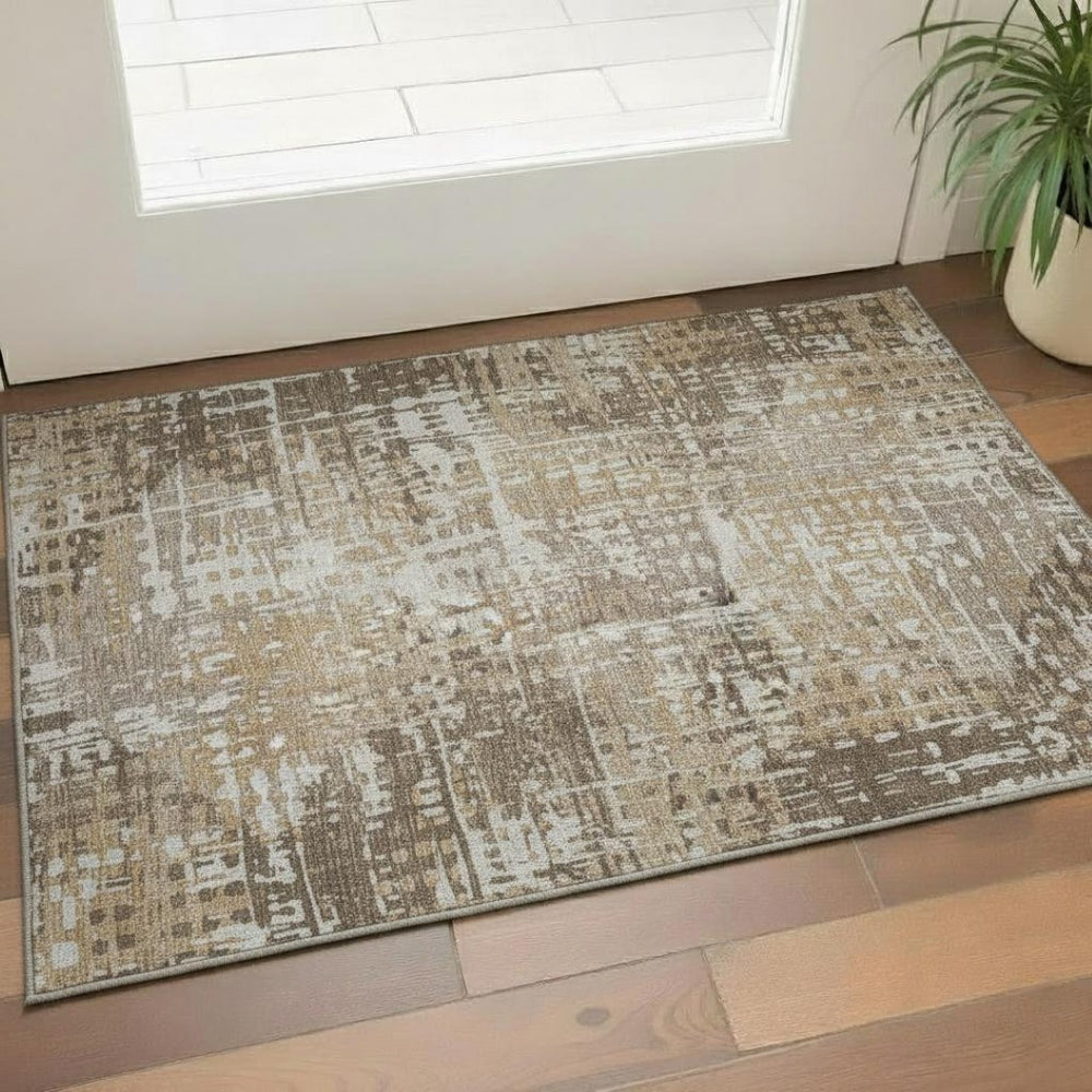 HomeRoots 5' X 8' Geometric Washable Area Rug in Brown and Beige - Stain Resistant, UV Protected, Non-Slip! 718378