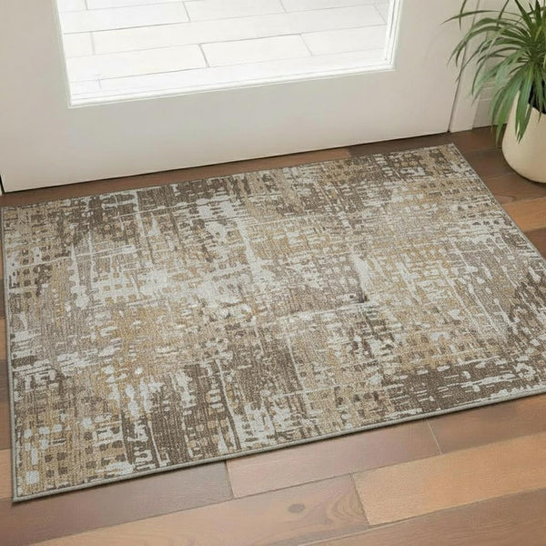 HomeRoots 5' X 8' Geometric Washable Area Rug in Brown and Beige - Stain Resistant, UV Protected, Non-Slip! 718378