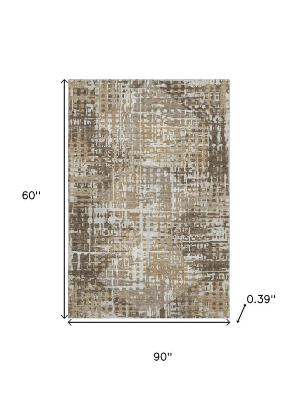 HomeRoots 8' Brown and Beige Geometric Washable Round Rug - Durable, UV-Protected, Perfect for Busy Homes! 718379