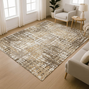 HomeRoots 10' X 14' Brown And Beige Geometric Area Rug - Washable, UV-Protected, Ideal for Busy Homes! 718382