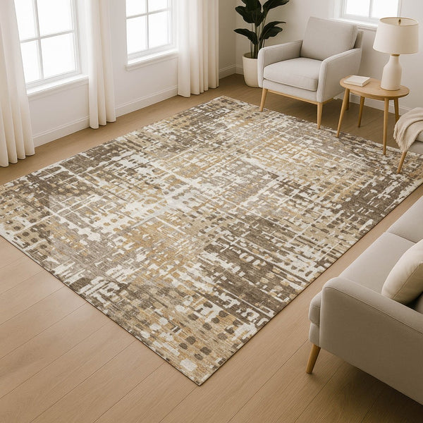HomeRoots 10' X 14' Brown And Beige Geometric Area Rug - Washable, UV-Protected, Ideal for Busy Homes! 718382