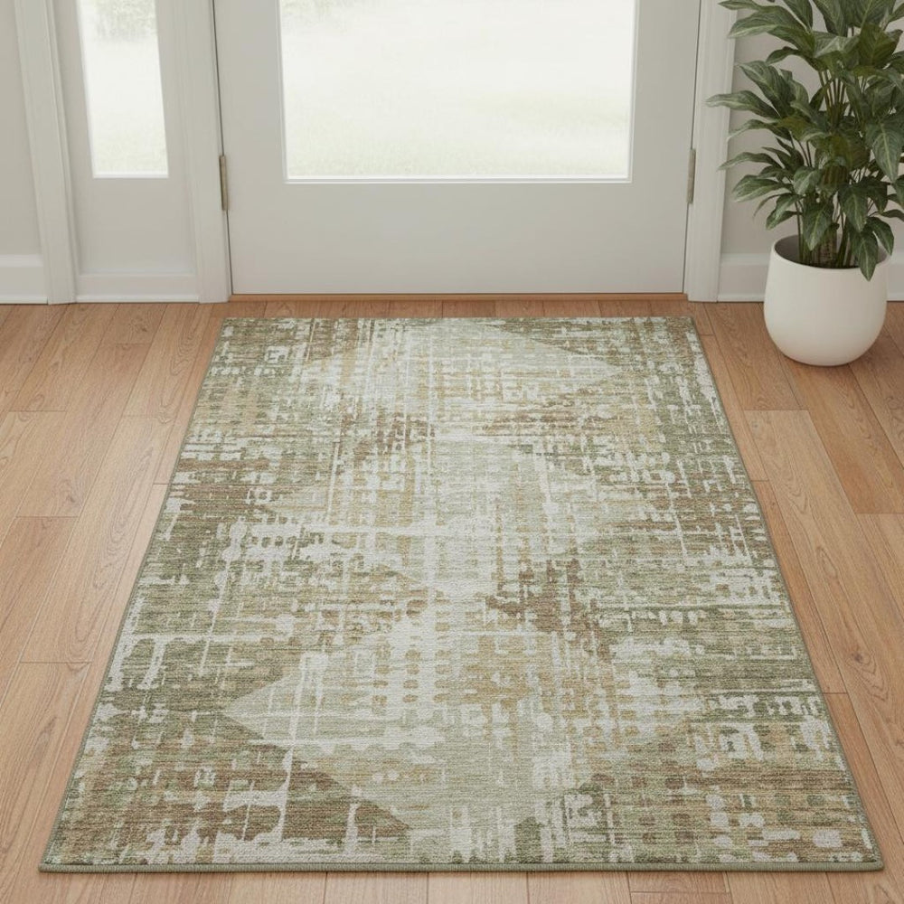 HomeRoots 5' X 8' Stylish Fern Green & Beige Geometric Area Rug - Washable, UV Protected & Stain Resistant! 718384