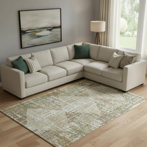 HomeRoots 9' X 12' Fern Green and Beige Geometric Area Rug - Washable, UV-Protected, and Stain-Resistant! 718387