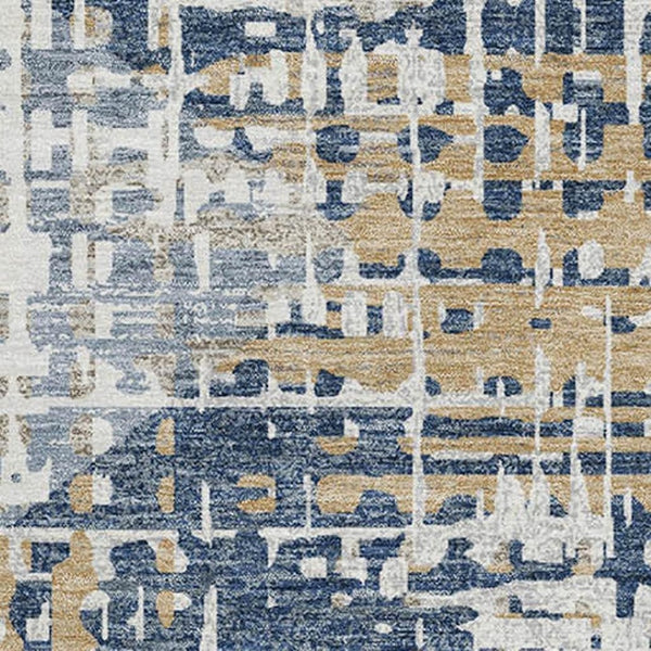 HomeRoots 5' Navy Blue and Beige Geometric Area Rug - Washable, UV-Protected, Perfect for Modern Spaces! 718390