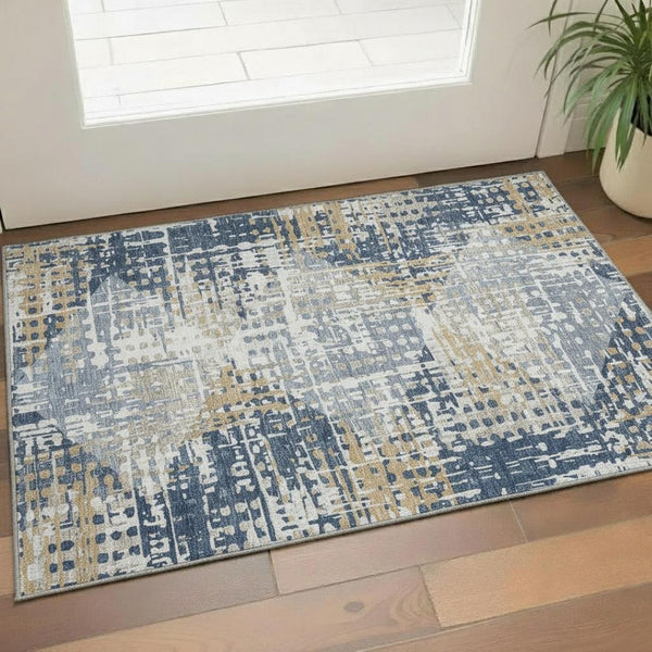 HomeRoots 5' Navy Blue and Beige Geometric Area Rug - Washable, UV-Protected, Perfect for Modern Spaces! 718390