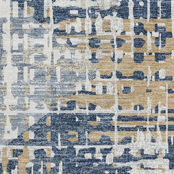 HomeRoots 8' Contemporary Navy Blue & Beige Geometric Washable Round Rug with UV Protection & Non-Slip Backing 718391