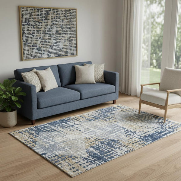 HomeRoots 8' Contemporary Navy Blue & Beige Geometric Washable Round Rug with UV Protection & Non-Slip Backing 718391