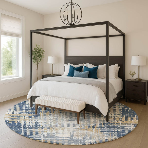 HomeRoots 8' X 10' Navy Blue & Beige Geometric Area Rug - Washable, UV-Protected, Stylish for Busy Homes! 718392