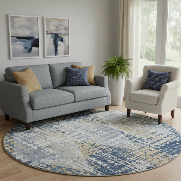 HomeRoots 8' X 10' Navy Blue & Beige Geometric Area Rug - Washable, UV-Protected, Stylish for Busy Homes! 718392