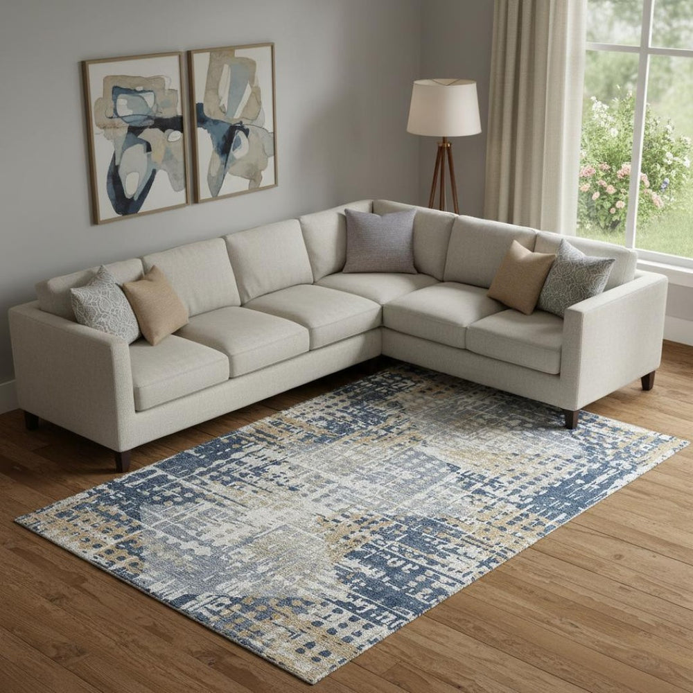 HomeRoots 9' X 12' Navy Blue & Beige Geometric Area Rug - Washable, UV Protected, Kid & Pet Friendly Design 718393