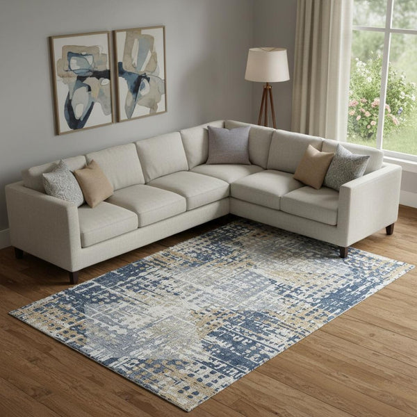 HomeRoots 9' X 12' Navy Blue & Beige Geometric Area Rug - Washable, UV Protected, Kid & Pet Friendly Design 718393