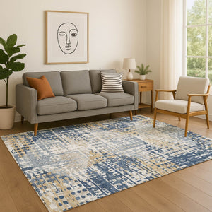 HomeRoots 10' X 14' Navy Blue & Beige Geometric Area Rug – Washable, UV Protected, Stain Resistant & Durable 718394