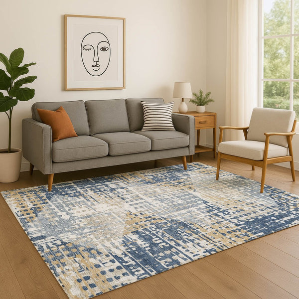 HomeRoots 10' X 14' Navy Blue & Beige Geometric Area Rug – Washable, UV Protected, Stain Resistant & Durable 718394