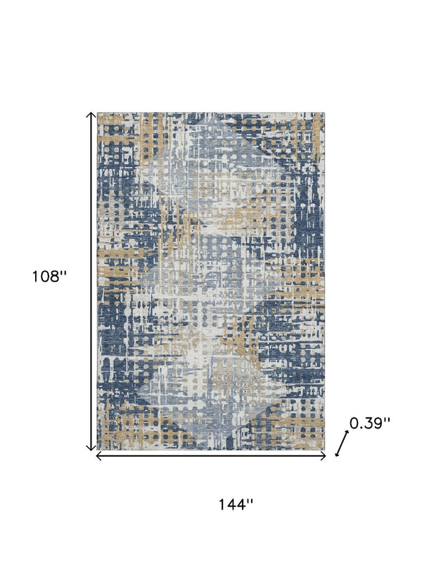 HomeRoots 10' X 14' Navy Blue & Beige Geometric Area Rug – Washable, UV Protected, Stain Resistant & Durable 718394