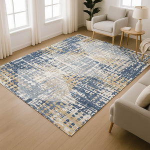 HomeRoots 10' X 14' Navy Blue & Beige Geometric Area Rug – Washable, UV Protected, Stain Resistant & Durable 718394