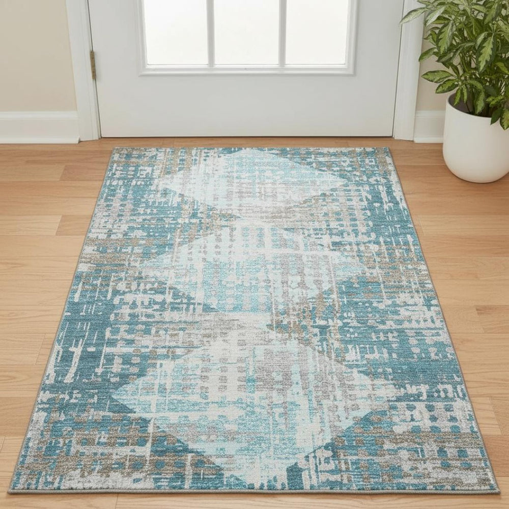 HomeRoots 5' X 8' Teal And Beige Geometric Area Rug - Durable, Washable, UV Protected, Perfect for High-Traffic Spaces 718396