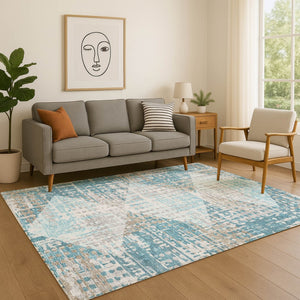 HomeRoots 8' Teal and Beige Geometric Round Rug – Washable, UV-Protected, Durable Design for Active Homes 718397
