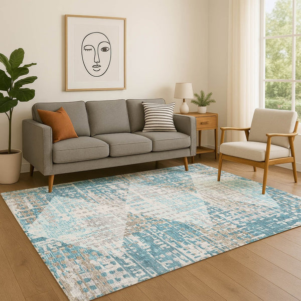 HomeRoots 8' Teal and Beige Geometric Round Rug – Washable, UV-Protected, Durable Design for Active Homes 718397