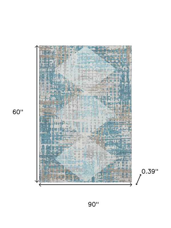 HomeRoots 8' Teal and Beige Geometric Round Rug – Washable, UV-Protected, Durable Design for Active Homes 718397