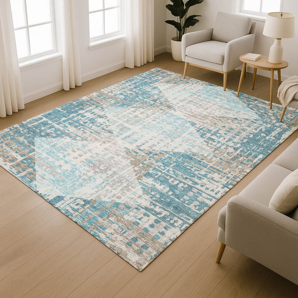 HomeRoots 8' Teal and Beige Geometric Round Rug – Washable, UV-Protected, Durable Design for Active Homes 718397