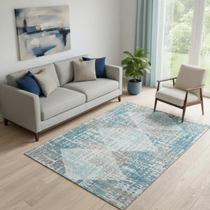 HomeRoots 8' Teal and Beige Geometric Round Rug – Washable, UV-Protected, Durable Design for Active Homes 718397