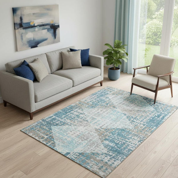 HomeRoots 8' Teal and Beige Geometric Round Rug – Washable, UV-Protected, Durable Design for Active Homes 718397