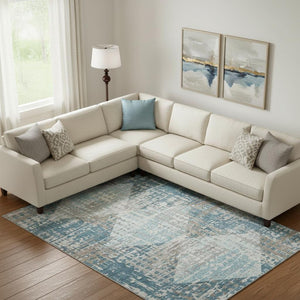 HomeRoots 9' X 12' Teal & Beige Geometric Area Rug - Washable, UV-Protected, Durable for Busy Homes & Pets 718399
