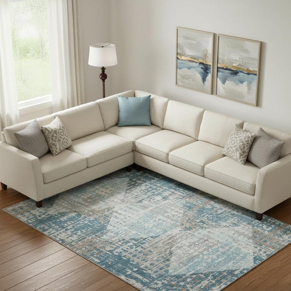 HomeRoots 9' X 12' Teal & Beige Geometric Area Rug - Washable, UV-Protected, Durable for Busy Homes & Pets 718399