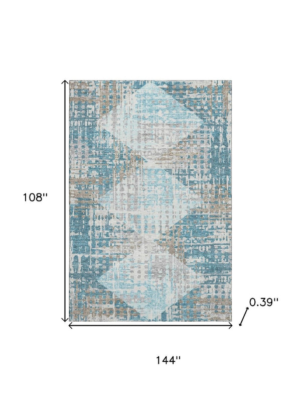 HomeRoots 10' X 14' Teal and Beige Geometric Area Rug - Washable, UV Protected, Durable, Perfect for Families 718400
