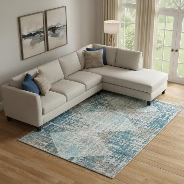 HomeRoots 10' X 14' Teal and Beige Geometric Area Rug - Washable, UV Protected, Durable, Perfect for Families 718400