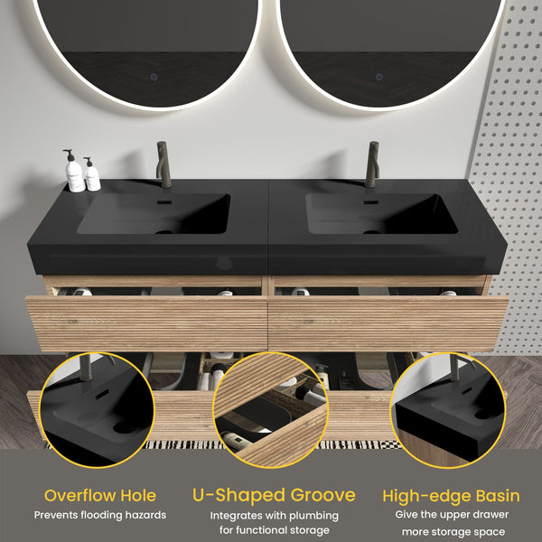 English Elm Grace 60" Bathroom Vanity Wall-Mounted Floating Mid-Century Modern Walnut Grille, Quiet Soft-Close Drawers and One-Piece White Basin (ECO) Black+Brown W1865S00168