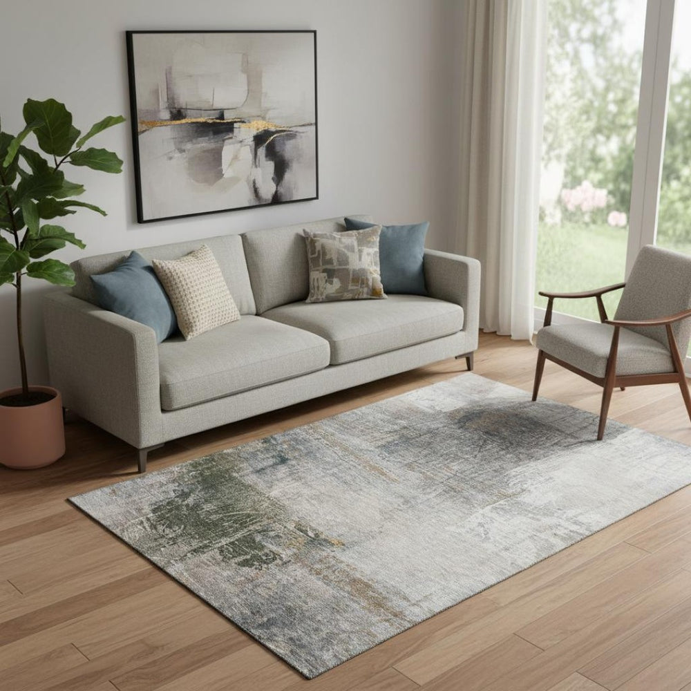 HomeRoots 8' Washable Round Rug in Light Taupe and Gray Abstract Design with UV Protection for Any Room 718409